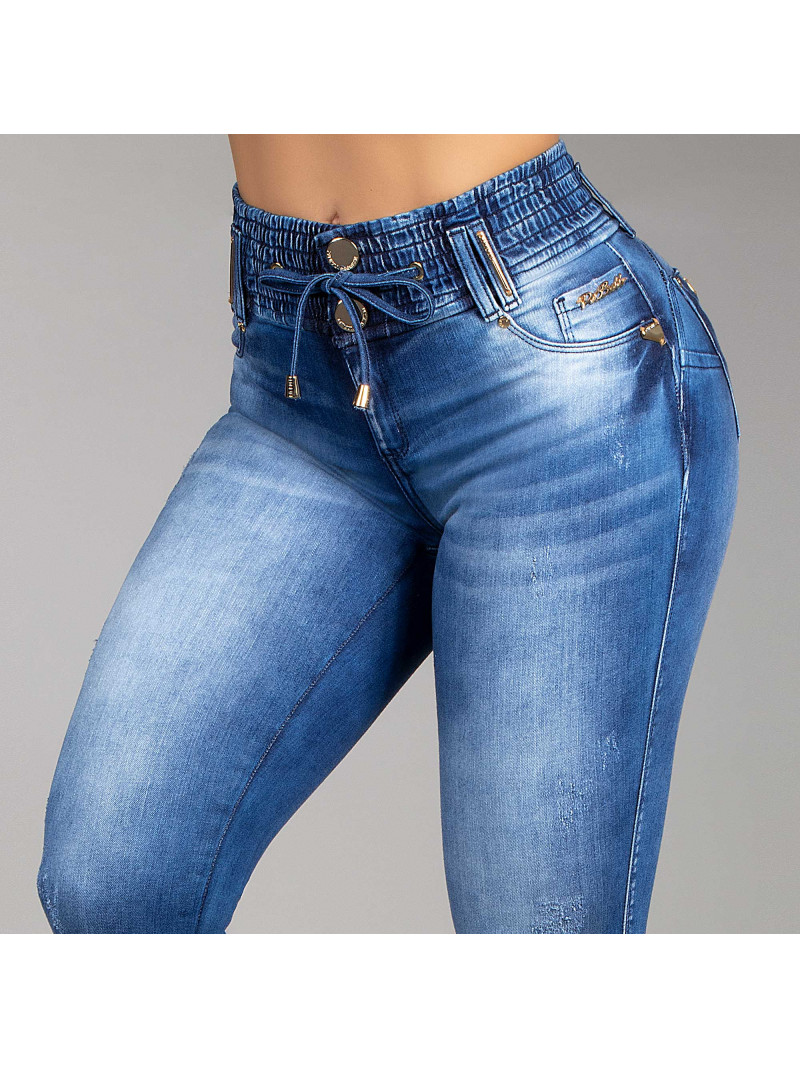 Calça Jeans Cós Alto Strech Elastico Na Cintura