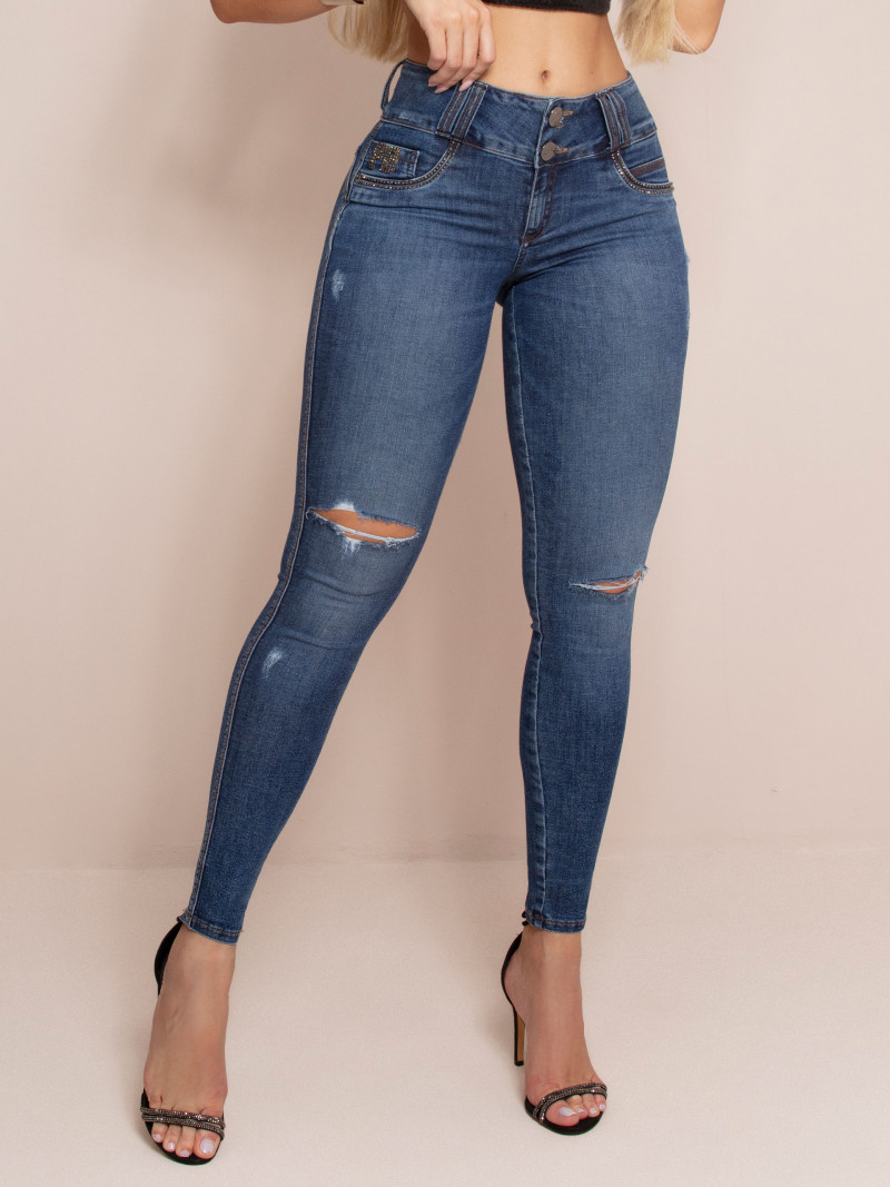 Calça Jeans Feminina Skinny Cós Alto com Destroyed - Atacado Goiânia.