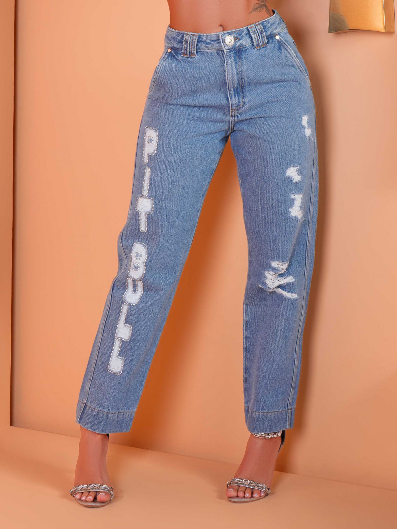 Calça Feminina Cós Alto Faixa de Strass Pit Bull Jeans 67917