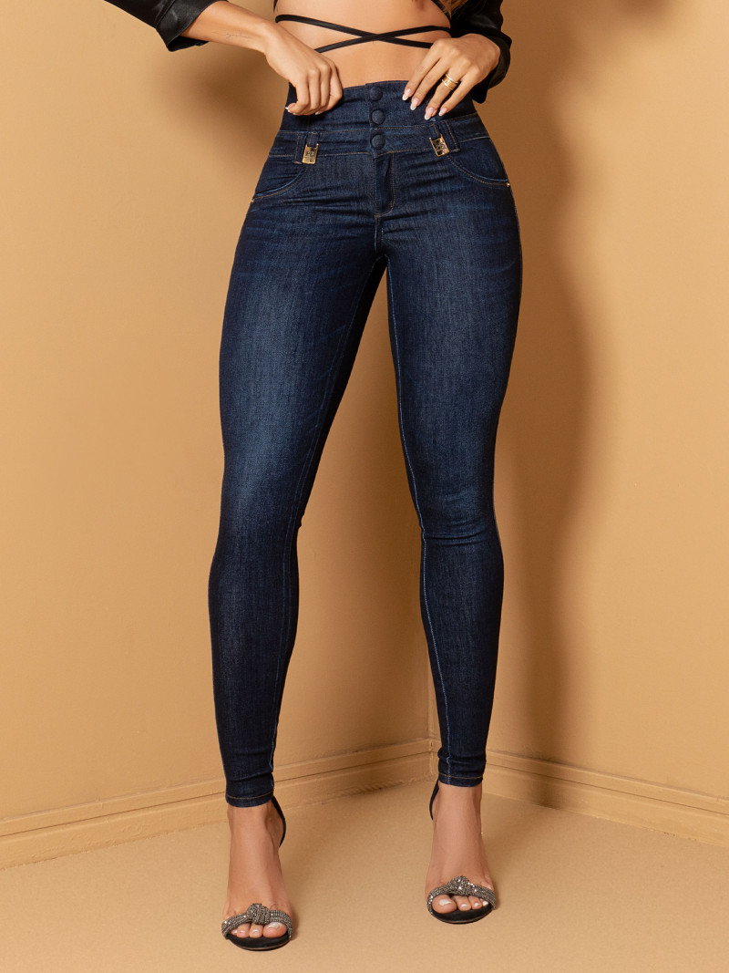 Calça Jeans Feminina Cintura Alta Preta Tecido Premium Original