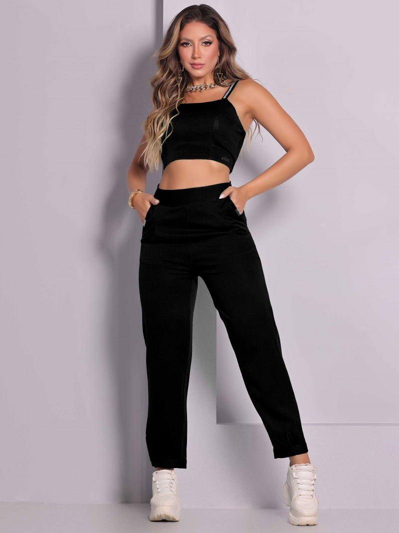 Conjunto Feminino Cropped e Calça Preto